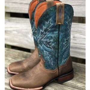 Brown & blue square toe western  boots